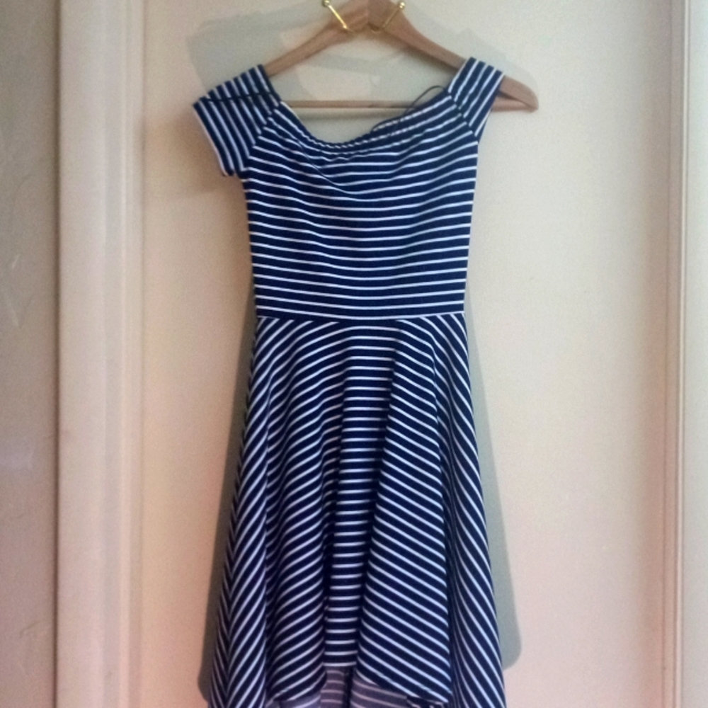 A large Windsor black and white stripe knee length dress
